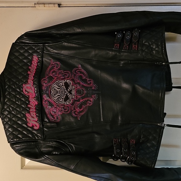 Harley Davidson Black Quilted Leather Jacket with Red Accents 2 Piece - Picture 9 of 12